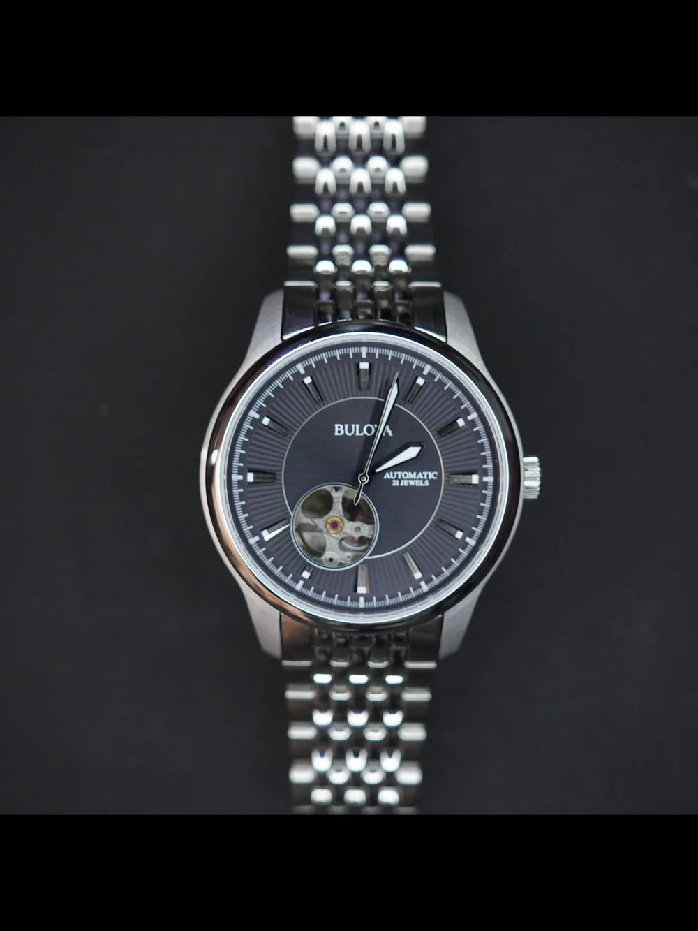 Bulova 96A190 Automatic 21 Jewels Open Heart Black Dial 40mm Men's Watch Runs